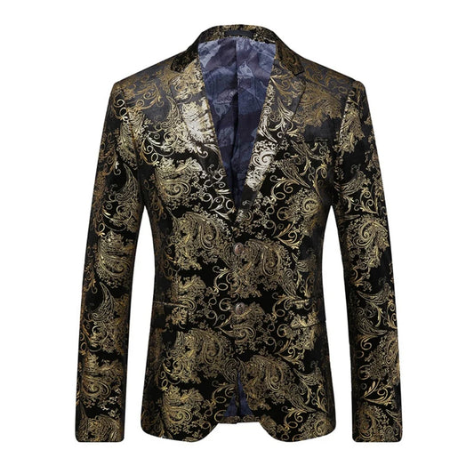 Men's Suit Jacket Black Gold Floral Applique Single Button for Wedding Party Performance