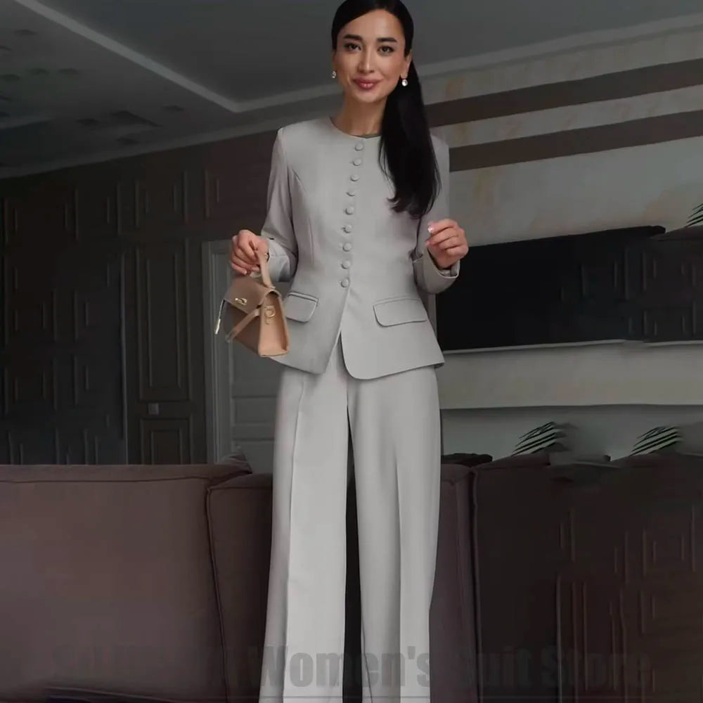 Women's 2 Piece Suit Fashion Round Neck Single Breasted Formal Office Outfit for Work Party Business Elegant Daily Wear
