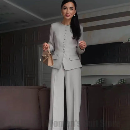 Women's 2 Piece Suit Fashion Round Neck Single Breasted Formal Office Outfit for Work Party Business Elegant Daily Wear