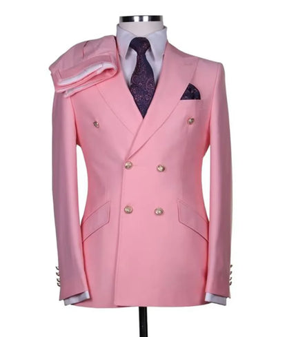 Men's Serge Suit 2 Piece Double Breasted Slim Fit Peak Lapel Gold Button High Quality Formal Blazer Pants Formal Business Weddin