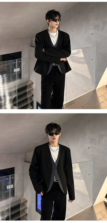 Color Contrast Fake Two Piece Design Handsome Korean Blazer Jacket Men Stylish Elegant V Neck Casual Male Clothes JY5226