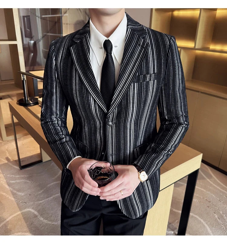 High Quality Plush Striped Fashion casual Suit Jacket Autumn Winter New Men Slim Fit Business Formal Social Prom Party Tuxedos