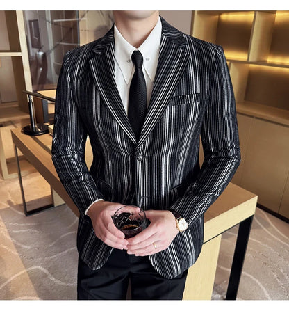 High Quality Plush Striped Fashion casual Suit Jacket Autumn Winter New Men Slim Fit Business Formal Social Prom Party Tuxedos