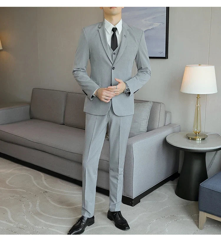 High-End Men's Wedding Suit 3-Piece Set Handsome Banquet Smart Casual Fashionable Three-Quarter Length Vest Trousers Four Season