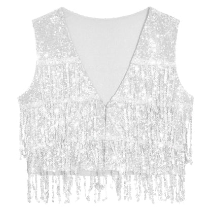 Women's Fringe Vest Clubwear Jazz Modern Dance Waistcoat Glitter Tassel Sleeveless Jacket Sequins Vests Music Festival Costumes