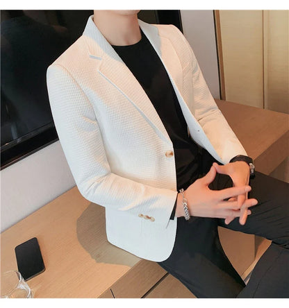 2025 Spring New Waffle Suit Coats Men Slim Fit Business Casual Blazer Jacket Homme Formal Groom Prom Wedding Tuxedo 4XL-M