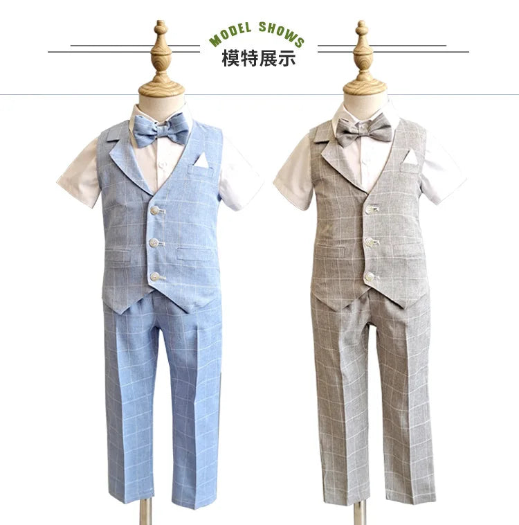 Baby Boys Formal Birthday Photograph Suit Kids Vest Shirt Pants Bowtie Wedding Dress Teenager Suit Children Graduation Costume