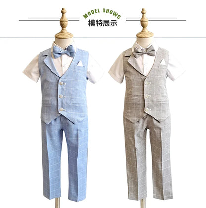 Baby Boys Formal Birthday Photograph Suit Kids Vest Shirt Pants Bowtie Wedding Dress Teenager Suit Children Graduation Costume