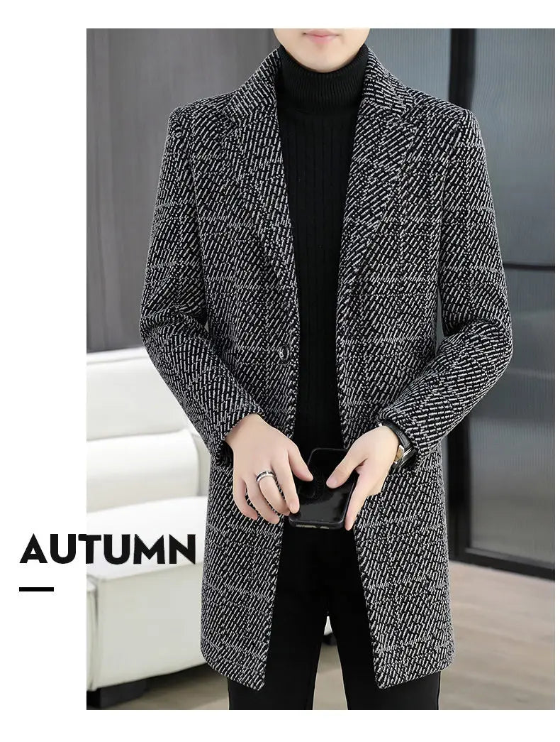 High-quality winter men's fashionable and stylish woolen overcoat, suit collar, mid-length windbreaker, woolen coat
