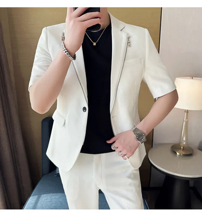 2023 Summer Zipper Decoration Blazers Men Casual Business Suit Jacket Slim Fit 3/4 Sleeve Streetwear Social Jacket Men Clothing