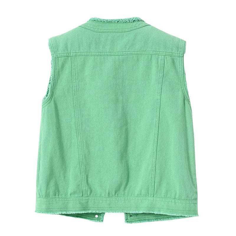 Autumn Women Denim Vests Sleeveless Waistcoat Students Casual Sleeveless Tops Jeans Jackets Pink Yellow White Orange Green 5XL