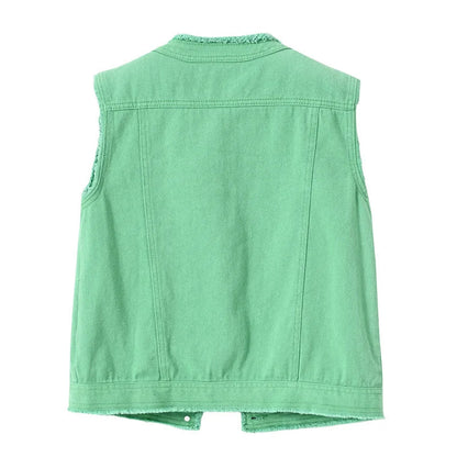 Autumn Women Denim Vests Sleeveless Waistcoat Students Casual Sleeveless Tops Jeans Jackets Pink Yellow White Orange Green 5XL