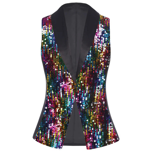 Womens Sequin Waistcoat Stylish V-neck Sleeveless Jacket Sparkly Sequin Vest Waistcoats for Banquet Wedding Pageant costume