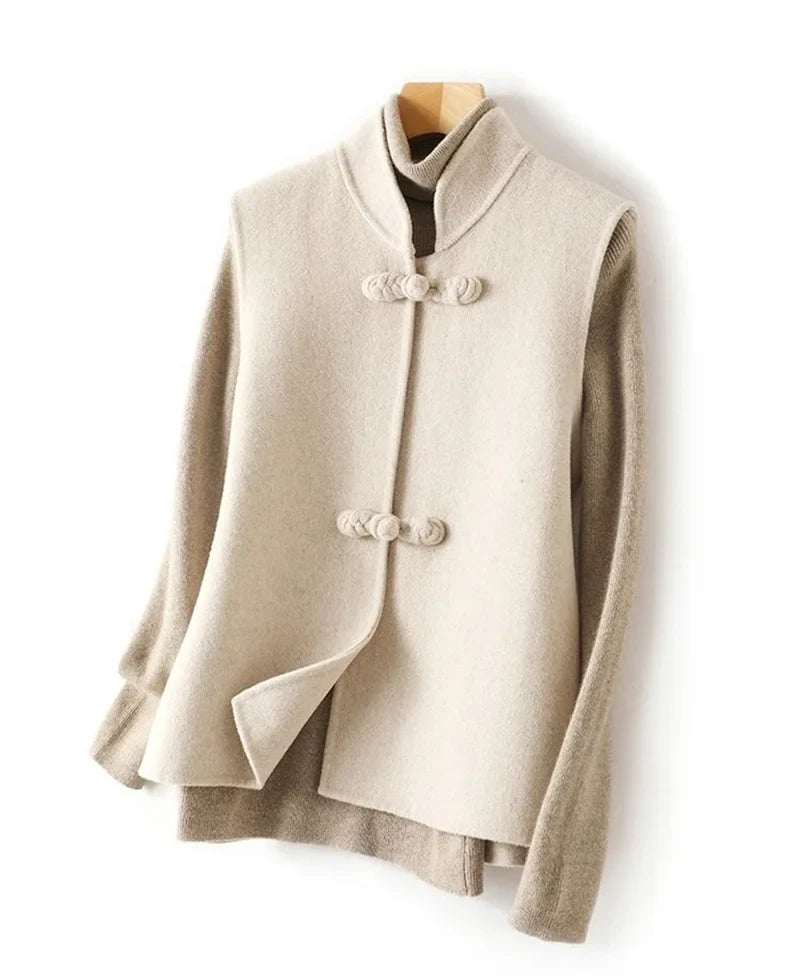 Woolen Vest Women's Standing Neck Button Chinese Style Loose Versatile Thin Wool Vest Outerwear Coat Sleeveless Jacket For Women