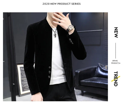 Slim Fit Velvet Yuan Collar Shirt Korean Style Fashion Trend Handsome Canary Boutique Coat New Version Small Yuan Collar Suit