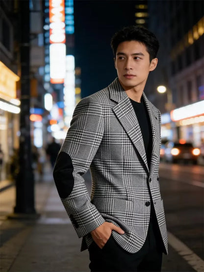 Retro British Plaid Men's Blazer with Elbow Patches Slim Fit Business Casual Tweed Suit Jacket for Office Daily Wear Sport Coats