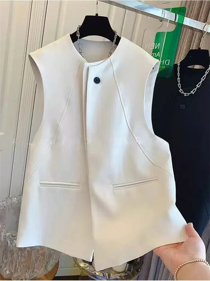 Ladies Solid Color Vest Top Outwear Korean Femme Casual Suit Collar Sleeveless Jacket Spring Women Fashion Loose Waistcoat Coat
