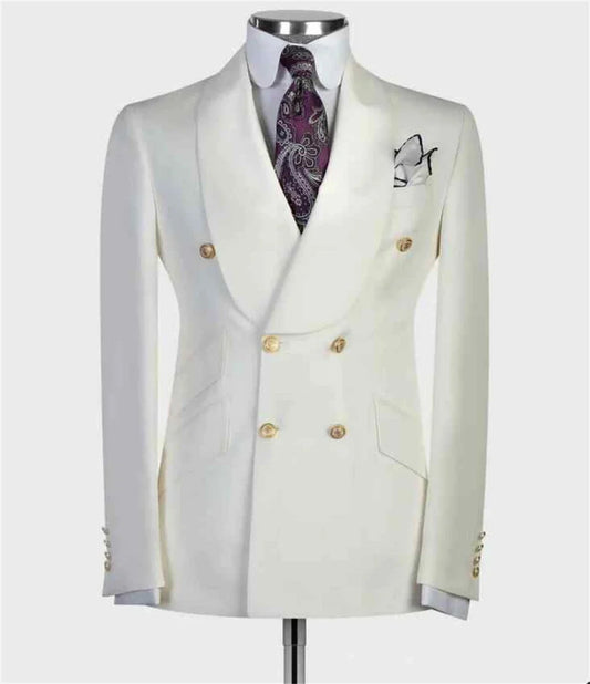 Men's Double Breasted Slim Fit Blazer – Solid Ivory – Business & Wedding