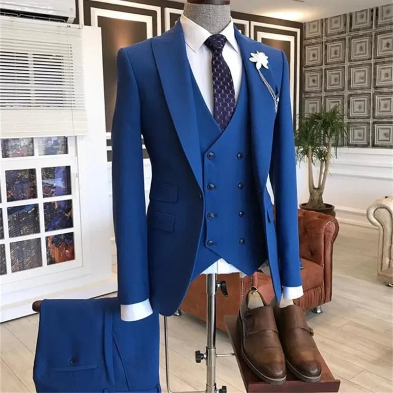 Light Grey Jacket Royal Blue Vest Pant Men Suit Slim Fit 3 Piece Tuxedo Costume Homme Groom Wedding Suits Terno Masculino