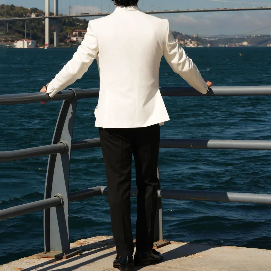 Men Suit 2 Pieces White Black With Lapel Single Button For Wedding Business Banquet Party Office Daily Work Jacket And Pants