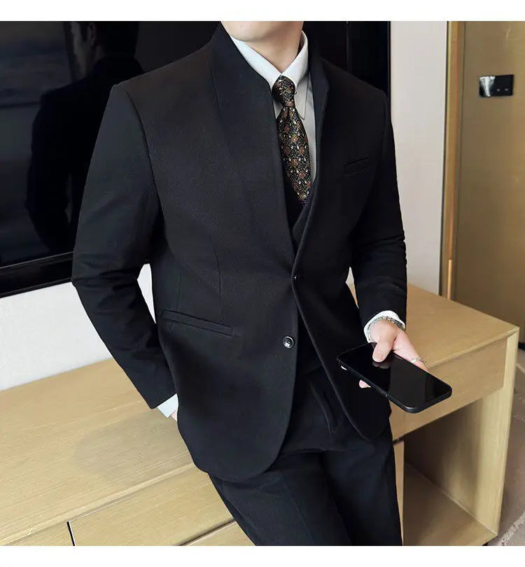 Men's 3-Piece Slim Fit Stand Collar Suit – Wedding, Prom & Office Formal Set