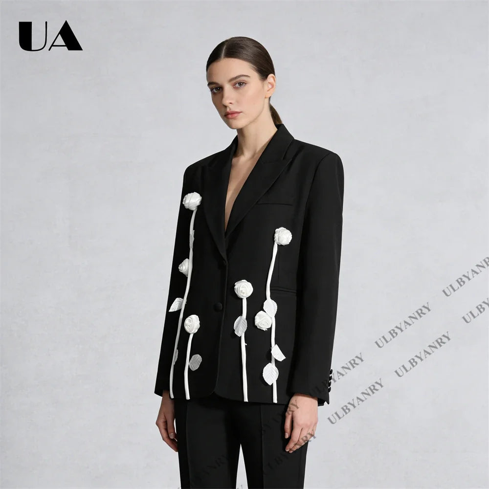 Unique Design Women’s Blazer – Black, 3D White Rose, Long Sleeve, Button Closure, Work Date Jacket Office Casual Jacket