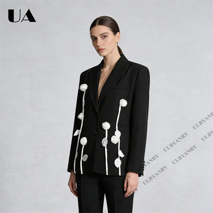 Unique Design Women’s Blazer – Black, 3D White Rose, Long Sleeve, Button Closure, Work Date Jacket Office Casual Jacket