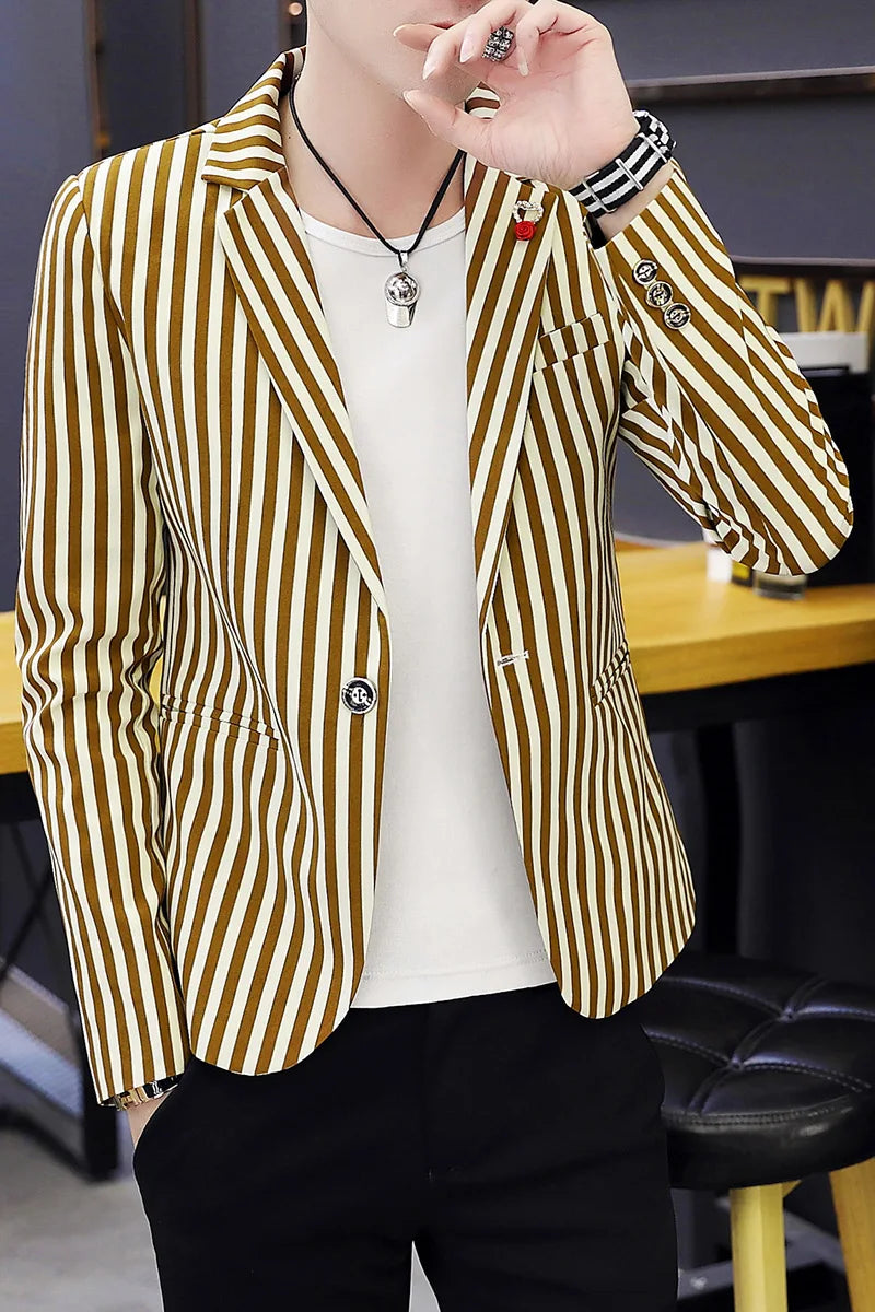 Men's Slim Fit Striped Casual Suit Jacket Korean Fashion Four Seasons New Boutique Handsome Small Suit