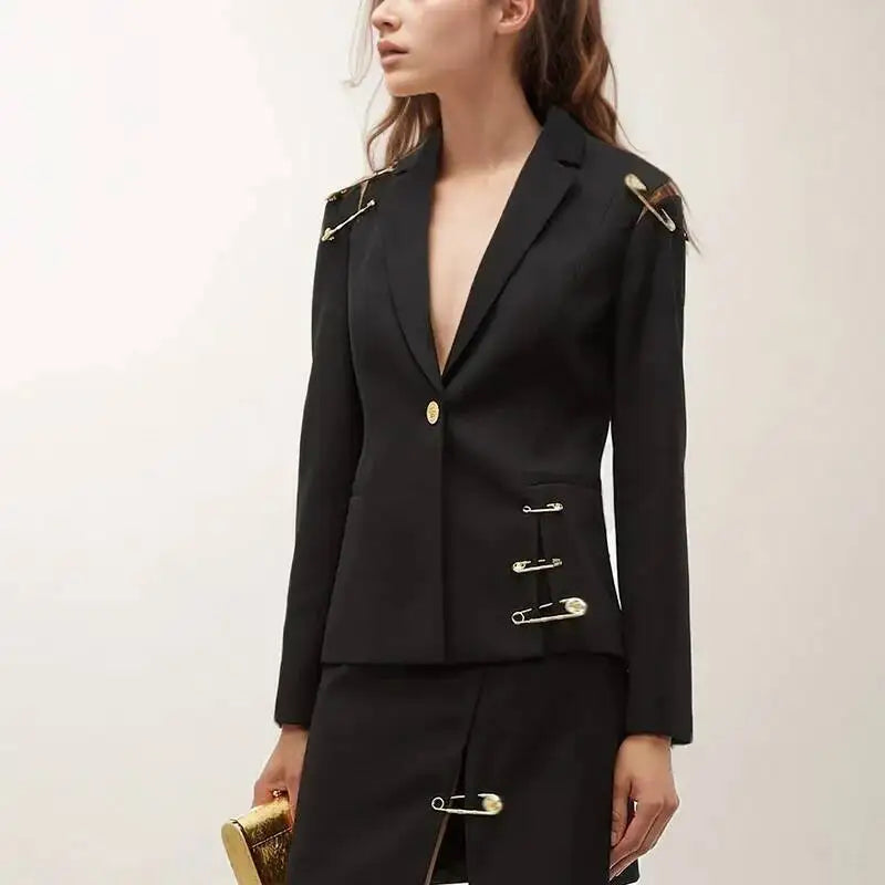 Autumn New Women Chic Blazer Asymmetrical Pin Design Single Button Slim Fit Elegant Fashion Office Lady Stylish Coat HK9876