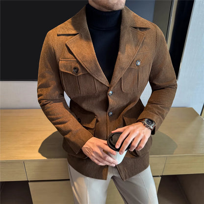 Autumn Winter Corduroy Medium Long Hunting Jacket Men's Fashion Thick Suit Jacket Casual Business Blazers Social Streetwear 2025