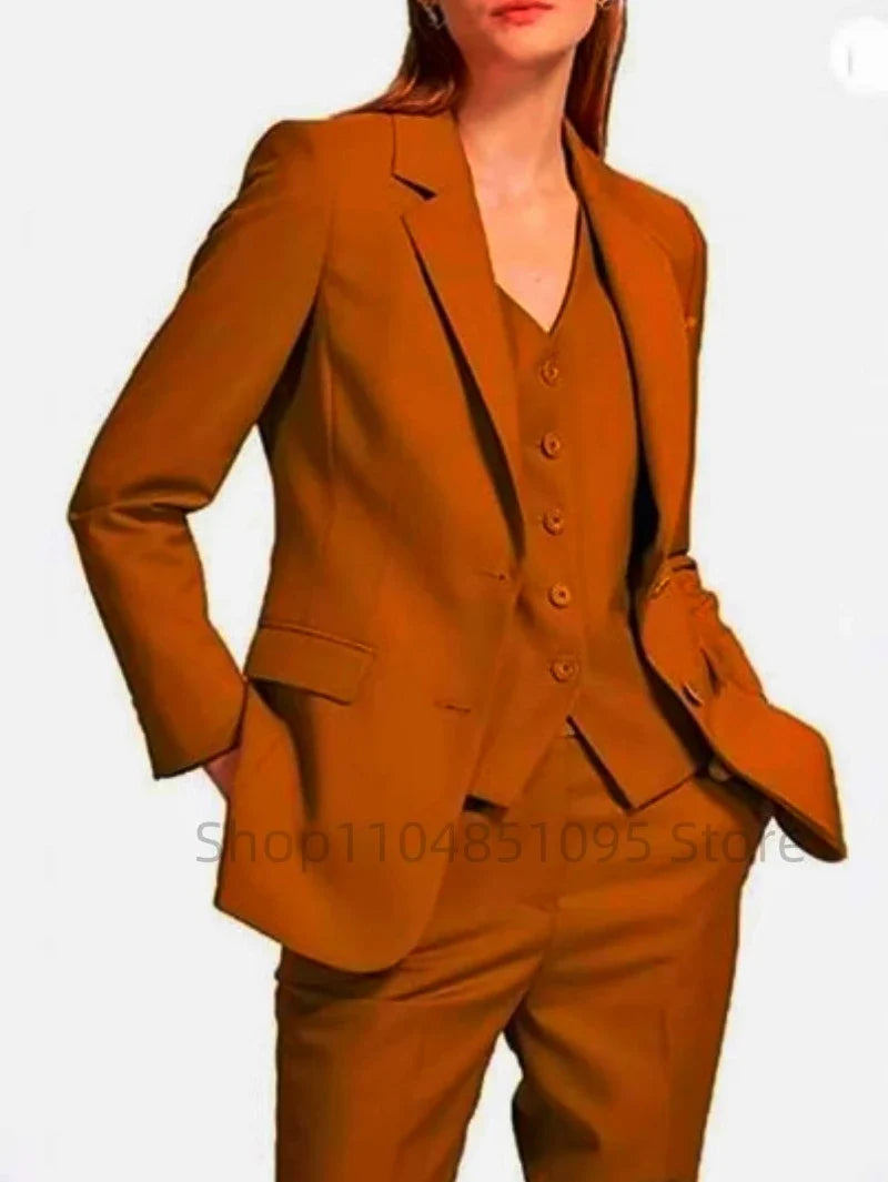 Office Ladies Pantsuits Solid Women Business Classic Single Breasted Flared Pants Blazer Vest Pants Three Piece Set Formal Suit
