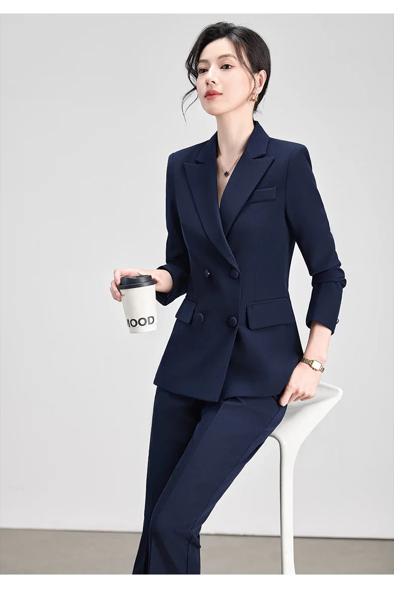 Elegant Chic Business Formal Blazer Suit Pants 2 Piece Matching Sets Women 2026 Autumn Office Lady Outfit Blue Work Wear