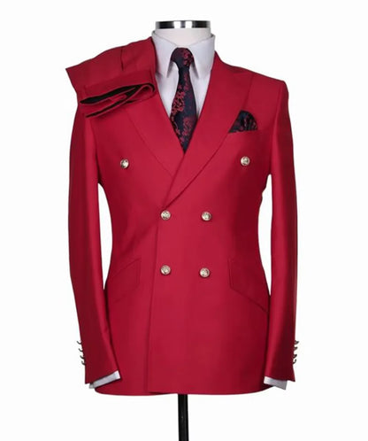 Men's Serge Suit 2 Piece Double Breasted Slim Fit Peak Lapel Gold Button High Quality Formal Blazer Pants Formal Business Weddin