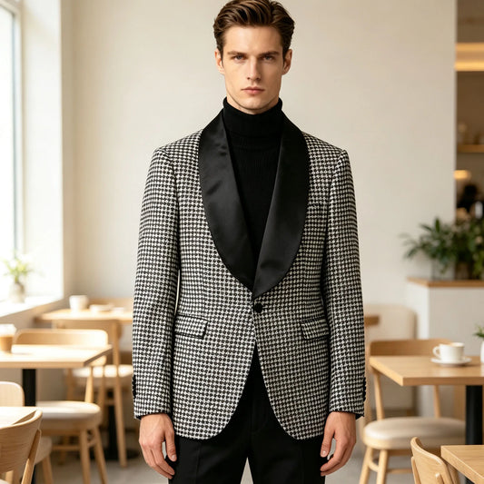 Men's Slim Fit Blazer Houndstooth Satin Shawl Collar One Button Tuxedo Jacket for Wedding & Prom