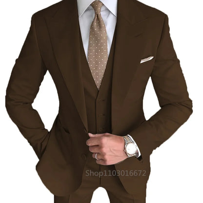 Formal Men's Groom Tuxedos Three-Piece Peak Lapel Suit Solid Jacket Vest Pants Party Prom Daily Casual Tuxedo Business Men Suits