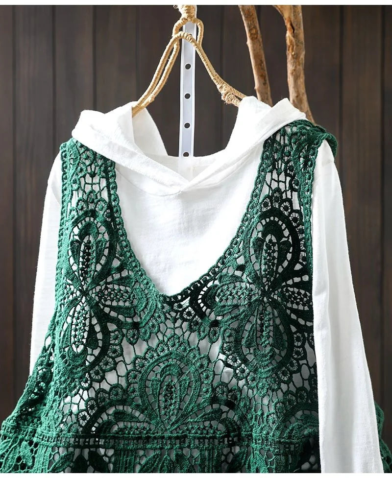 Summer Femme Lace Cotton Lined Vest Spring Women Fashion Knitted Crochet Sleeveless French Lady Hollow-out Sweater Waistcoat Top