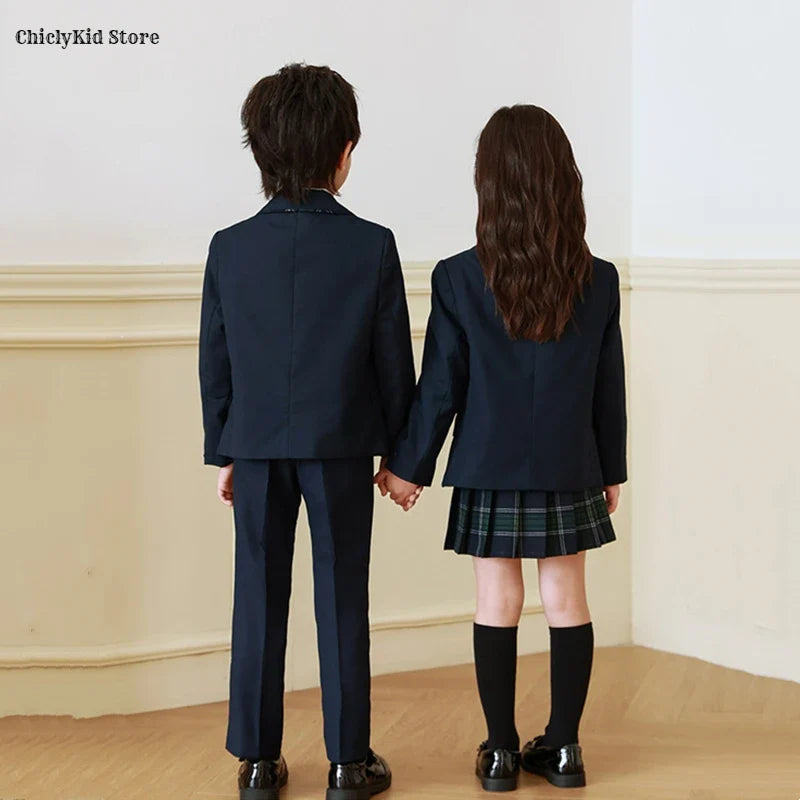 Children British School Uniforms Girls Preppy Jacket Pleated Skirts Boys Blazers Pants Suits Kids Teenage Student Clothes Sets