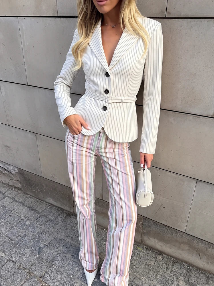 Elegant Women's Striped Blazer With Belt 2026 Spring Autumn Lapel Long Sleeves Single Breasted Slim Trendy Office Lady Suit