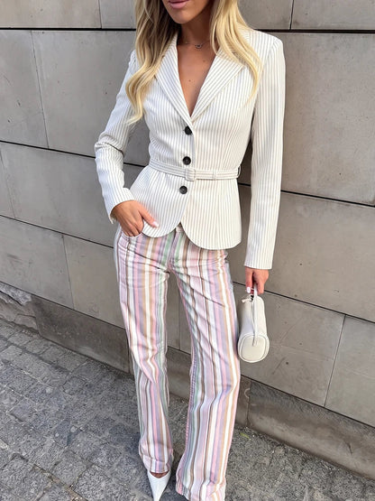 Elegant Women's Striped Blazer With Belt 2026 Spring Autumn Lapel Long Sleeves Single Breasted Slim Trendy Office Lady Suit