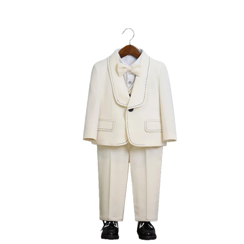 Children's Beige Blazer Set Kids Formal Wedding Birthday Party Suit Set Boys Jacket Vest Pants Bowtie Brooch 5Pieces Clothes Set