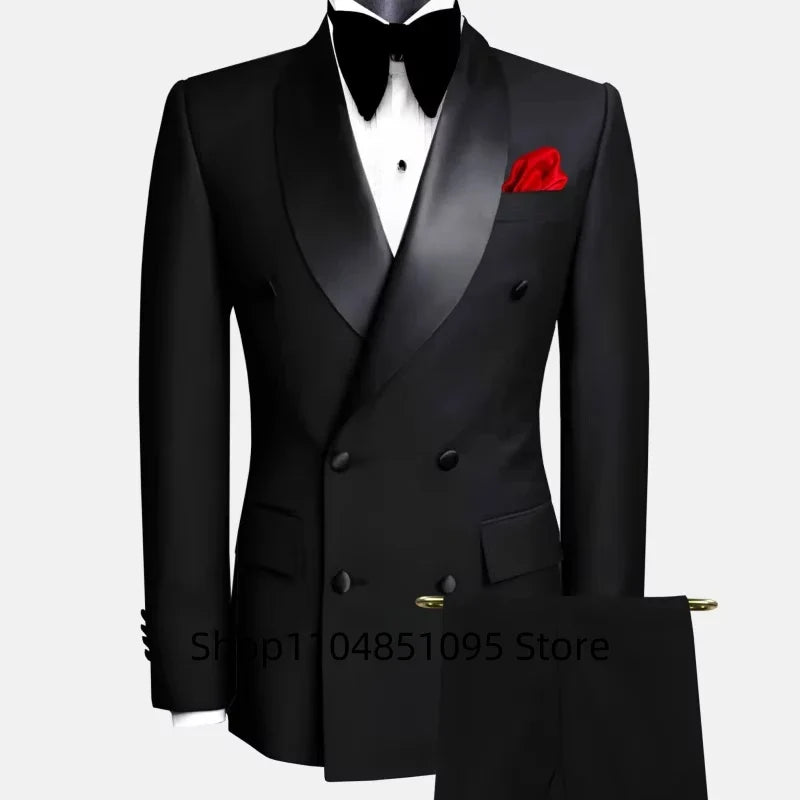 Costume de mariage homme élégant 2 pièces, coupe ajustée, revers châle, blazer croisé, pantalon, costumes de cérémonie pour homme d'affaires, tuxedos de marié