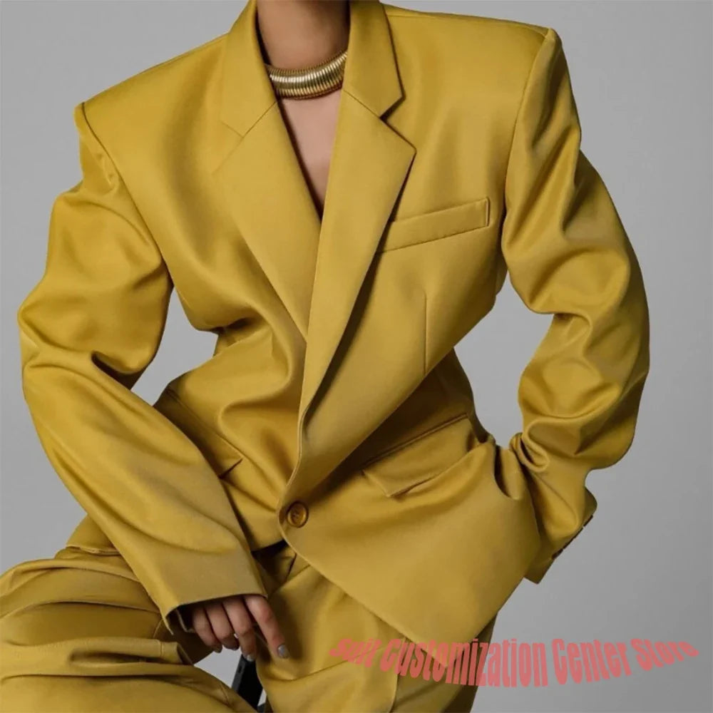 Professional Women's Yellow Oversized Pants Set Modern 2-Piece Jacket+Pants Fashion Streetwear Style Suit for Autumn Winter
