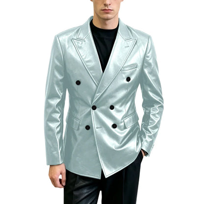 Vintage Men's Brown Leather Blazer Double Breasted Peak Lapel Slim Fit Suit Jacket High Quality Fashion Sport Coat Business Casu