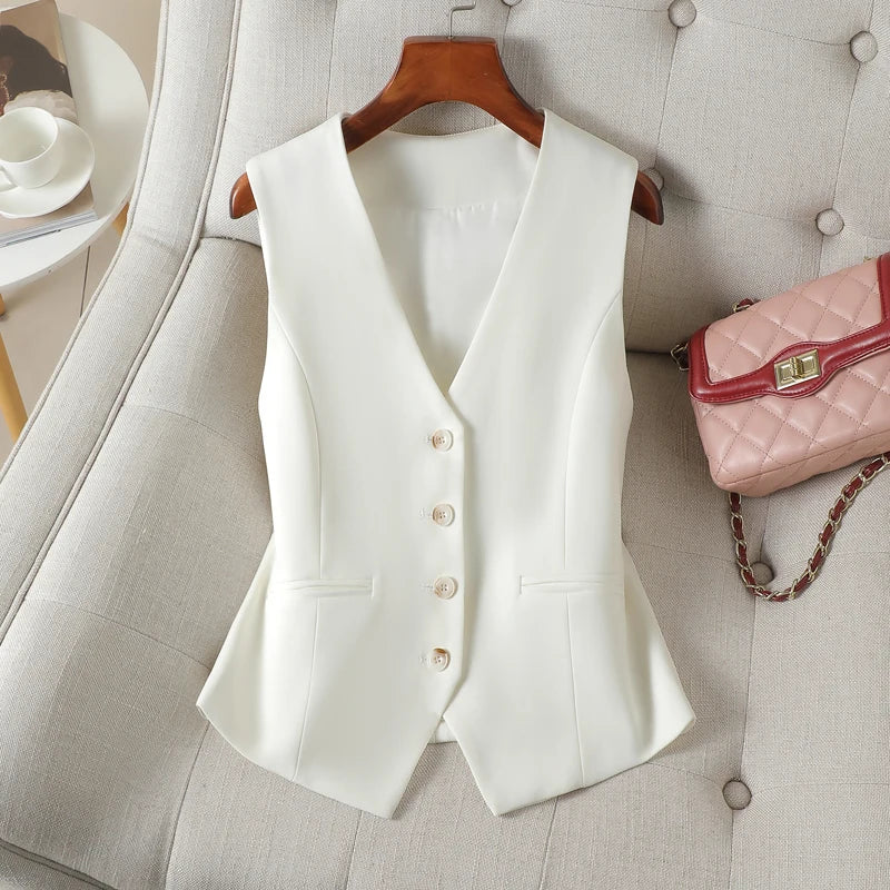 White Single Breasted V-Neck Short Slim Fitting Vest for Women in Spring and Autumn, Can Be Worn Externally or Internally with B