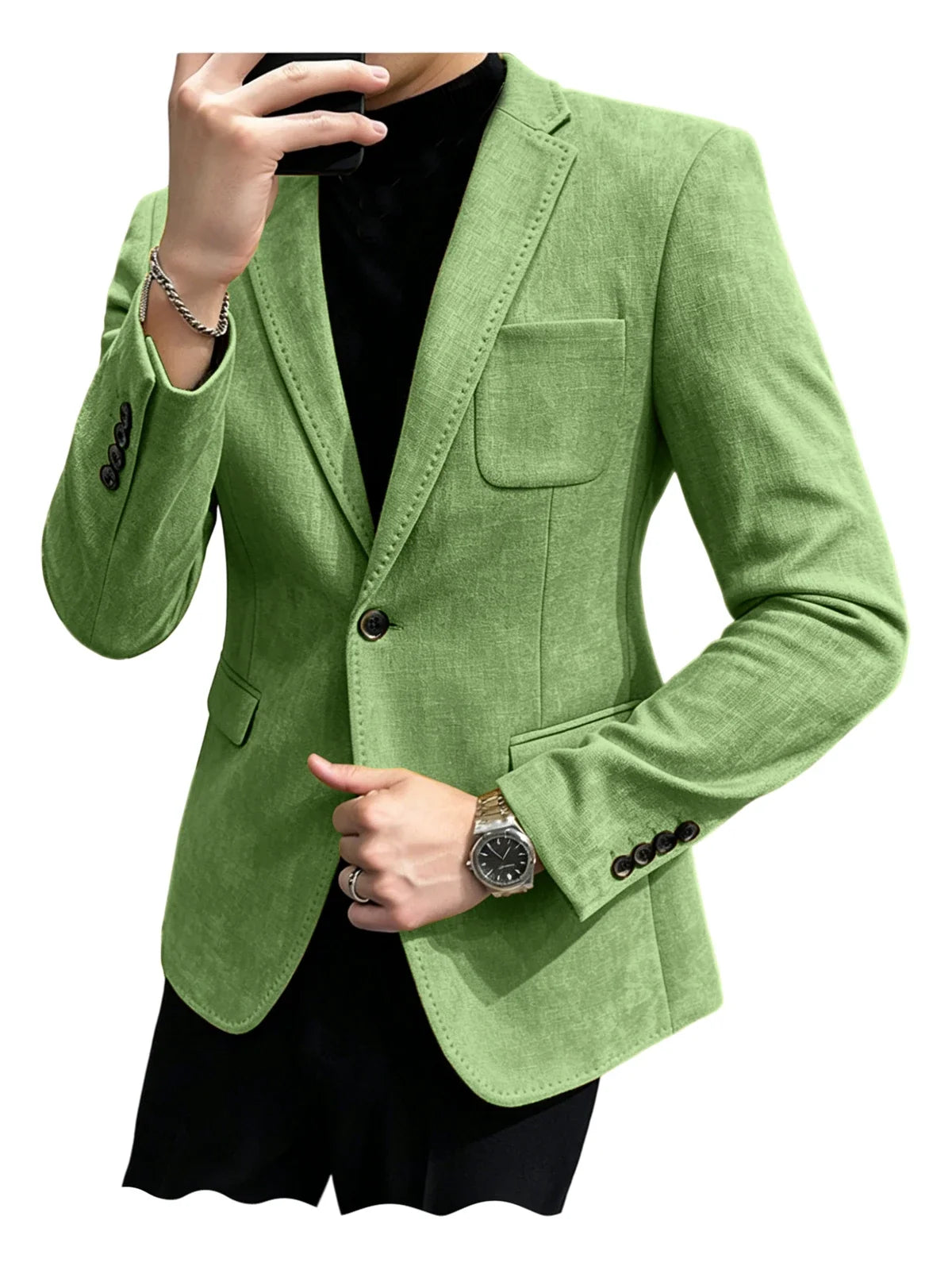 Mens Blazer Linen Blend Notched Lapel 1 Button Slim Fit Stitched Edge Patch Pockets Business Casual Daily Soft Breathable Jacket