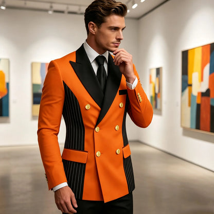 Men's Double Breasted Blazer Striped Patchwork Peak Lapel Slim Fit Formal Wedding Suit Jacket