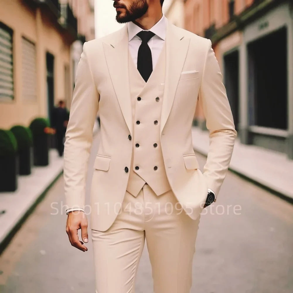 High Quality Men Wedding Suits Fashion Male Business Social Dance Party Dress Peak Lapel Blazers Pants with Vest for Party Prom