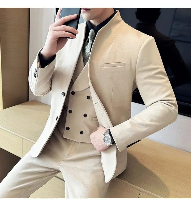Men's 3-Piece Slim Fit Stand Collar Suit – Wedding, Prom & Office Formal Set