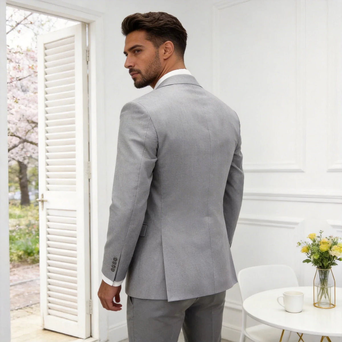 Leisure Grey Men's Suit 3 Pieces Blazer Vest Pants Bow Collar Lapel Slim Fit Wedding Tuxedos Work Business Formal Customized