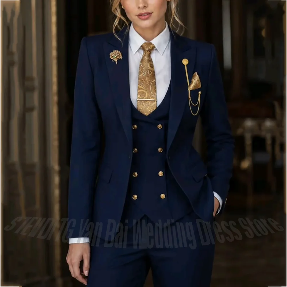High End Navy Blue Women 3 Piece Suit Single Breasted Blazer Vest Pants Outfit Peak Lapel Daily Commute Formal Matching Set